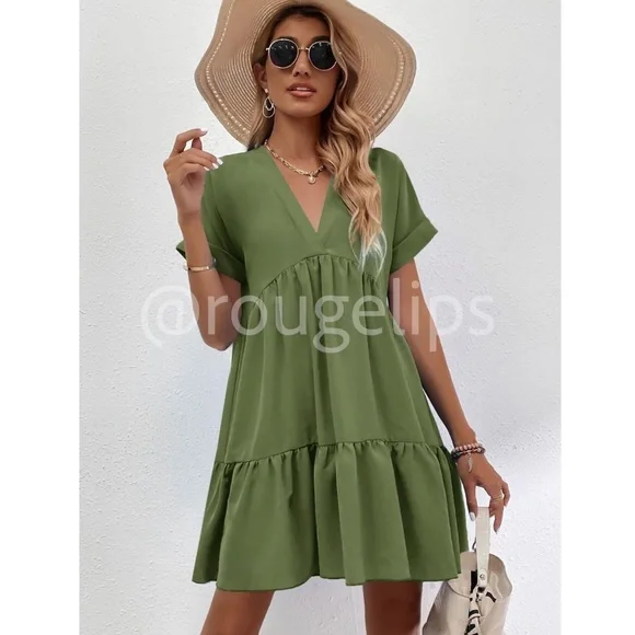 Army Green Short Sleeve Loose Fitting Mini Dress V-Neck Ruffle Flared Hem - Picture 4 of 7